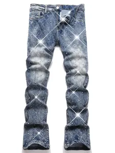 Men's Elastic Hip Hop Punk Flare Denim Jeans with Pockets and Rhinestone Decor, Skate Rap Dance Streetwear, Casual Stylish Fashion for All Seasons, Pants, Trouser