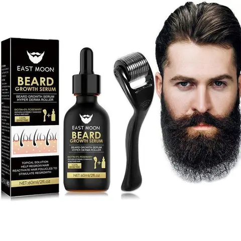 EAST MOON Beard Growth Kit - Serum & Roller Duo for Thicker Facial Hair - Natural Nutrient Oil + 540 Needle Roller - Daily Grooming Essentials for Men,Christmas Gift