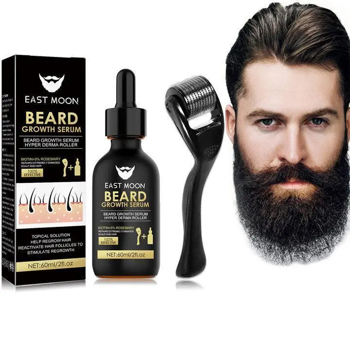 EAST MOON Beard Growth Kit - Serum & Roller Duo for Thicker Facial Hair - Natural Nutrient Oil + 540 Needle Roller - Daily Grooming Essentials for Men,Christmas Gift
