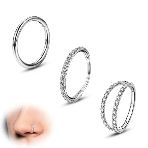 Oufer 3PCS Basic 20G Hinged Segment 316L Steel Nose Rings Set - Bar Thickness:20G=0.8mm, 6mm/7mm, Cubic Zirconia Hoop Body Jewellery, Jewelry for Women, Daily Wear Fashion Accessories