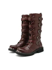 Men High Top Boots Solid Color Fashionable Classic Buckle Decoration Retro Personality Motorcycle Rider Boots