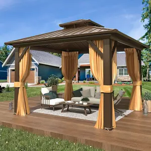 10' x 10' Hardtop Gazebo, Galvanized Steel Double Roof Gazebo with Aluminum Frame, Permanent Outdoor Metal Pavilion with Curtain and Netting for Patio, Lawn and Garden