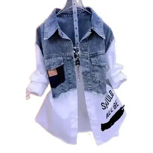 New  Denim Faux Two-Piece Shirt for Women 2025 Striped Patchwork with Letter Design Stylish Long-Sleeve Outerwear Top Womenswear