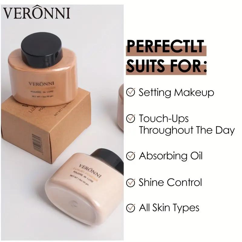 VERONNI  Long-Lasting Oil-Control Loose Powder Natural Bronze Translucent Matte Setting Powder with Foundation Brush for Perfect Base Makeup Lightweight