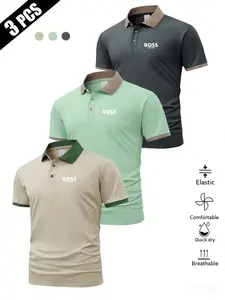 Men's Summer Classic Letter Print Short Sleeve Polo Shirts, Breathable Comfort Business Casual Golf Wear, Slim Fit Multi-Color