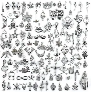 Wholesale Bulk Lots Hallowmas Skull Skeleton Charms Mixed Silver Plated Halloween Mask Charms Pendants DIY for Jewelry Making and Crafting, 100 PCS Hallowmas Style
