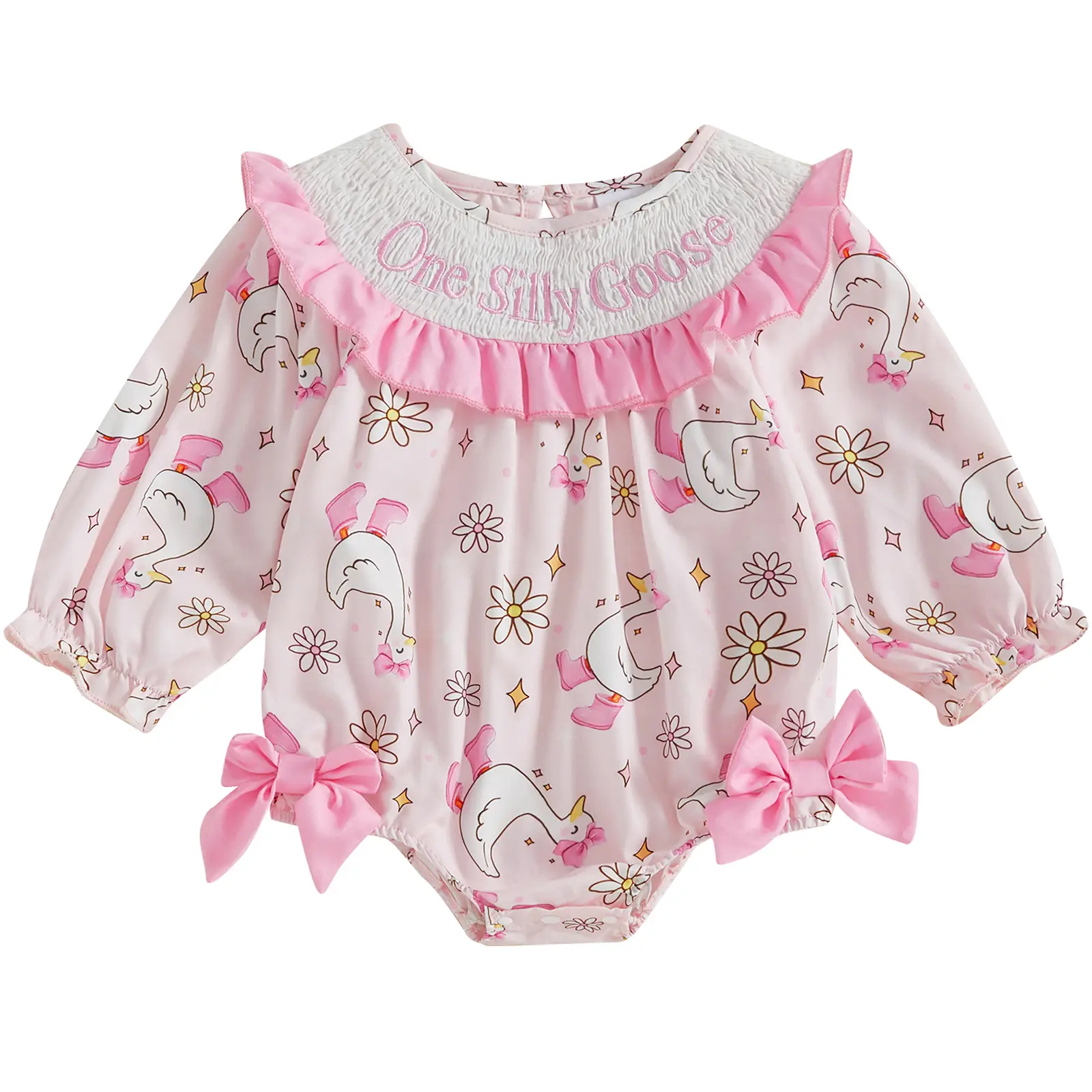Toddler Infant Baby Girl Fall Winter Smocked Bow Bubble Romper One Silly Goose Embroidery Long Sleeve Onesie Bodysuit Cute Outfits Clothes