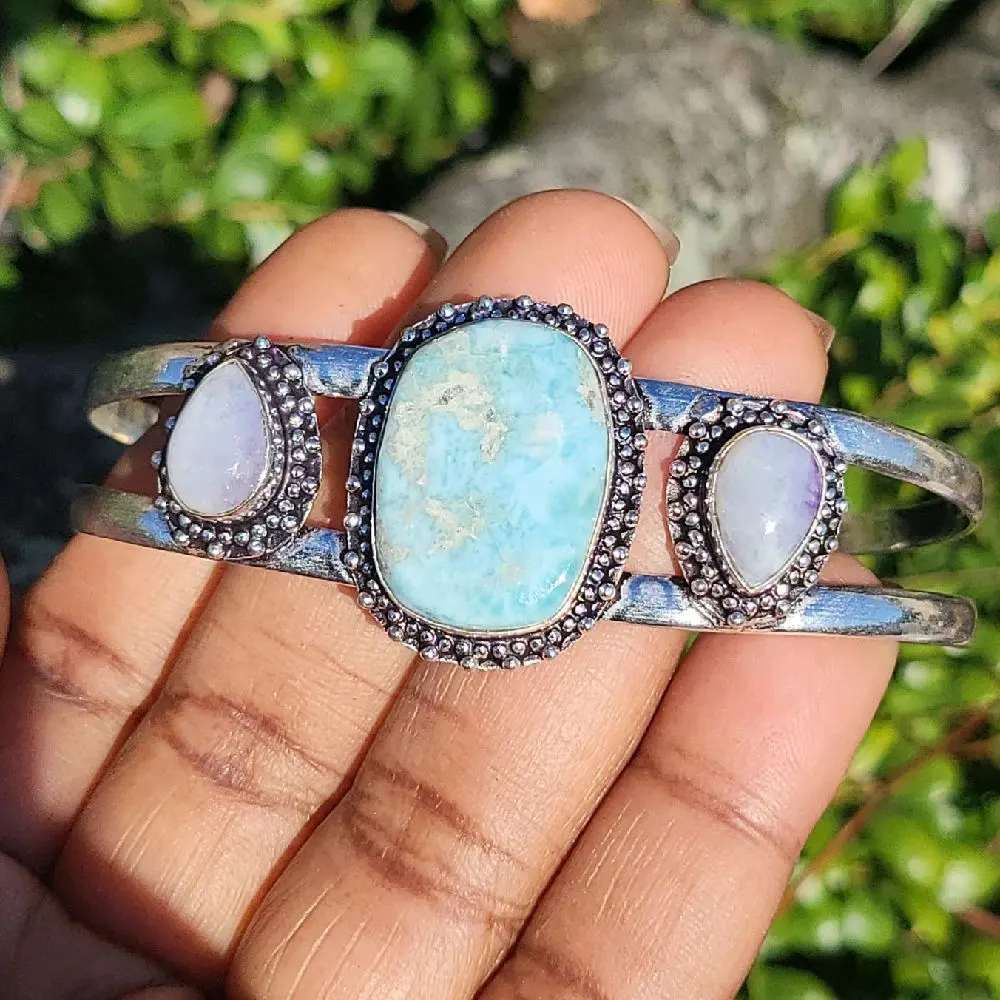 Larimar Crystal Bracelet Rainbow Moonstone Labradorite Bangle Lapis Cuff Jasper - 925 Silver Stamped Women's Gemstone Jewelry Larimar Crystal Bracelet Rainbow Moonstone Labradorite Bangle Lapis Cuff Jasper - 925 Silver Stamped Women's Gemstone Jewelry