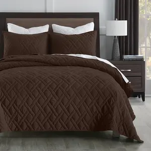 Quilt King Size Chocolate, Geometric Stitched Pattern, Ultra Microfiber Lightweight Bedspread Coverlet for with 1 Quilt 2 Pillow Shams