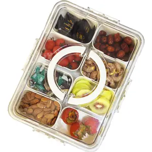 Divided Clear Snack Box Serving Tray with Lid & Handle, Snackle Box Charcuterie Board Container Storage Organizer for Fruit, Candy, Veggie, Nuts & Snacks, Perfect for Party, Travel, & Picnic