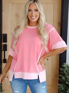 Women's Half Sleeve Casual Top Loose Fit Round Neck Tunic Blouse with Raw Hem Side Slits Contrast Trim - Peach Blossom Pink