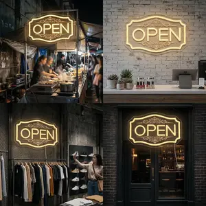 Commercial window display retro warm white “OPEN” neon light; elegant patterned frame LED light for cafés, salons, and boutiques; dimmable aesthetic grand opening sign; professional storefront wall décor art; universal USB-powered high-brightness welcome