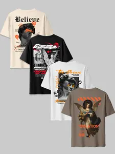 Men's Sculpture Print Round Neck Short Sleeve Fitted Long T-Shirt Set, Streetwear, Fashion Personalized Pattern Design, Comfortable Skin-Friendly Fabric, Summer Casual Outdoor Travel