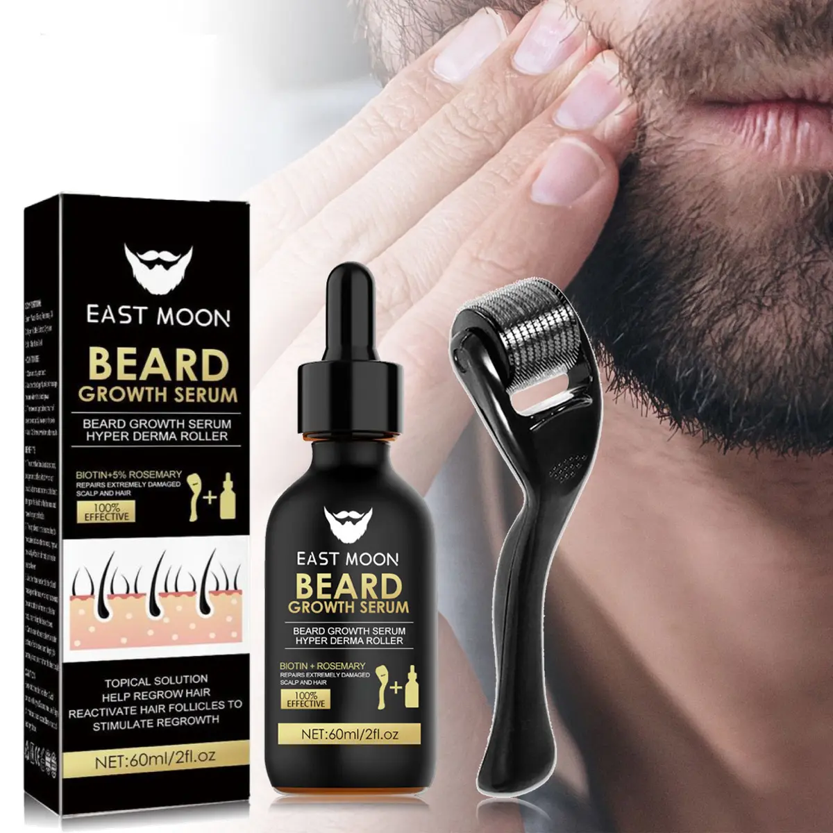 Beard Growth Kit - Beard Growth Serum & Derma Roller Set for Thicker Shiny Beards - Includes Nutritional Oil for Daily Beard Care - 60ml Serum & 1 Roller