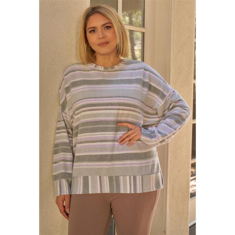 Plus Sage & Lavender Stripped Super Soft Sweatshirt