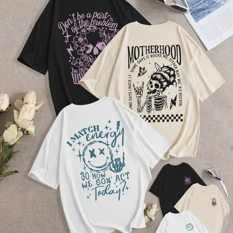 Women's Skull & Letter Print Round Neck Tee Top, Casual Graphic Streetwear Loose Short Sleeve Lightweight Core Relaxed Tees T-shirt for Summer, Ladies Clothes for Everyday Daily Wear, Clothing Womenswear