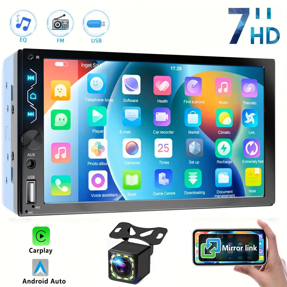 Wireless Carplay Double Din Car Stereo with Backup Camera | 7 Inch HD Touchscreen Car Stereo Receivers, Wireless Carplay&Android Auto, Mirror Link, Bluetooth, SWC, FM/USB/AUX/Subwoofer