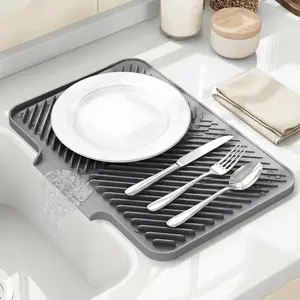 Silicone Dish Drying Mat - 14.8"x10.7" Kitchen Counter Mat with Built-in Drain, Non-Slip, Heat-Resistant, Easy-Clean, Ideal for Sink, Fruit Organiser Racks, Refrigerator Liner
