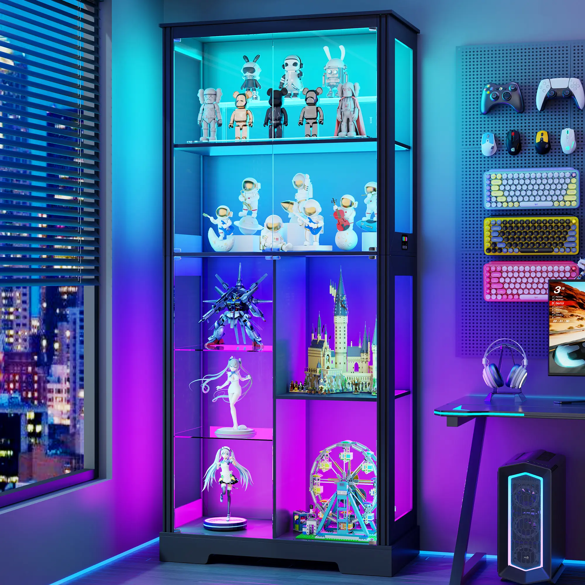 MIU Display Cabinet with Glass Doors, 71'' Tall Curio Cabinet with RGB Lights for Collectibles, LED Display Case with Removable Shelf for Book/Medal/Figure