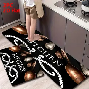 2pcs/3pcs Flannel Kitchen Mat Set, Kitchen Runner Rug, Base with Vintage Copper Silver Spoon, Retro Industrial Style, Non-Slip, Absorbent