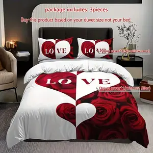 3pc red and white heart-shaped rose letter bedding set, including 1 duvet cover and 2 pillowcases, suitable for single beds, double beds, multiple sizes to choose from, suitable for bedrooms, dormitories, guest rooms, and hotel apartments