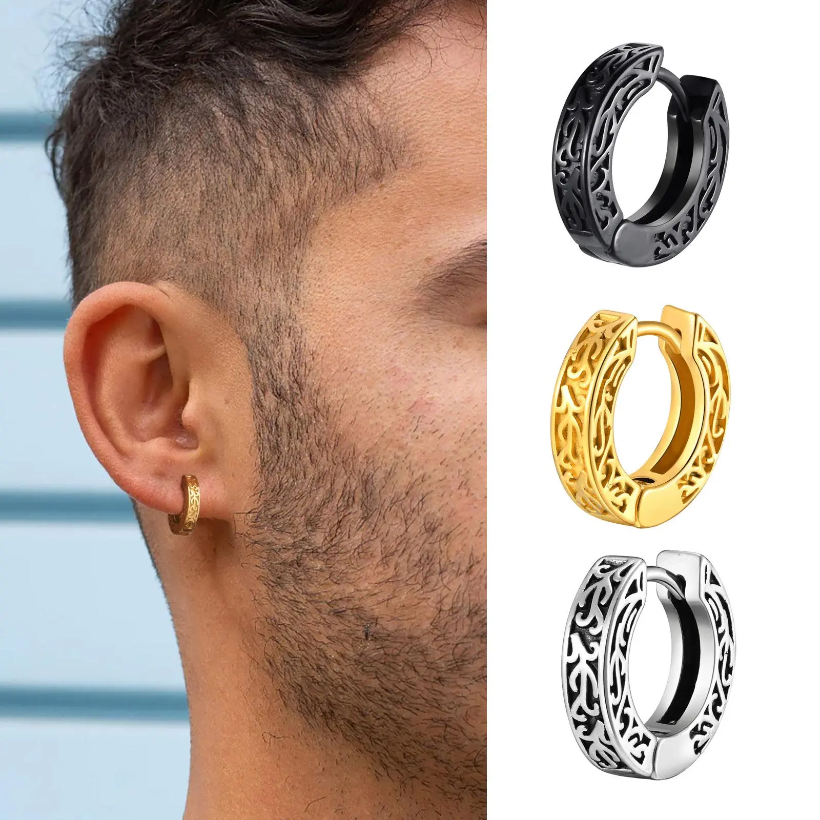 Totem Hoop Earrings for Men Teens,Black Anit Allergy Stainless Steel Huggies Earrings,Rock Punk Ear Jewelry