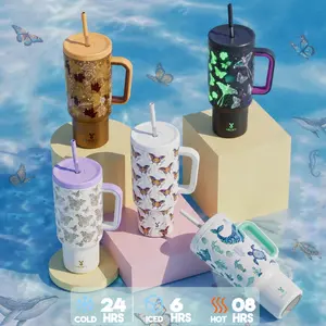 Summervibes,【Latest Style】 - Meoky 40oz Stay Hot Or Cold All Day Stainless Steel Thermos Cup, Perfect For Car, Office & Travel, Large Capacity, Trendy Design, Glow-In-The-Dark Marine Life, Insulated Tumbler With Handle. Mother's & Father's Day Gifts