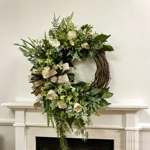 Farmhouse Style Faux Flower Wreath, Rose & Fern Decor, Low Maintenance All-Season Greenery, Linen Stripe Bow, Year-Round Decoration, Country Style Wreath, Floral Hanging Decoration