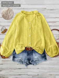 Women's Crochet Pointelle Button Down Shirt Long Sleeve V-Neck Hollow Out Blouse Casual Boho Chic Vintage French Girl Aesthetic Beach Vacation Cover Up Spring Summer Daily Outfits Effortless Resort Wear Viral