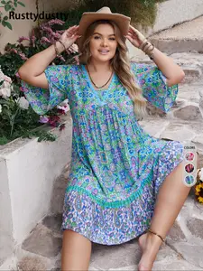 Plus Size Floral & Paisley Print Contrast Lace Ruffle Hem Smock Dress, Casual Ruched Flounce Sleeve V Neck Short Sleeve Dress for Summer, Women's Clothes for Beach Holiday Vacation