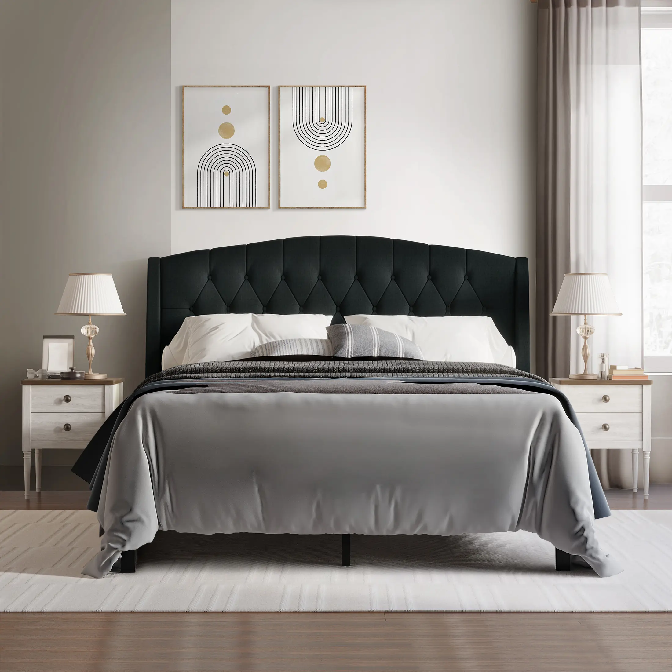 Rissie 3 Piece Bedroom Nightstands Set Classic Button Tufted Bed with Diamond Stitching Linen Upholstery & Elegant Nightstands for Cohesive Look