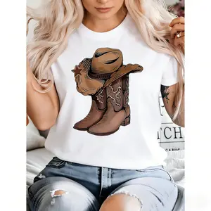 Women'S Casual Crew Neck T-Shirt with Cowboy Hat & Boots Print - Lightweight Cotton, Short Sleeve Summer Top for Western-Themed Outfits, Western T Shirts Womenswear Streetwear Black Crewneck Country Music Tee Fitted