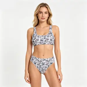 Adult Women Old School Grey Camouflage 2pcs Bikini Swimsuits Top Bottom for Summer Beachwear