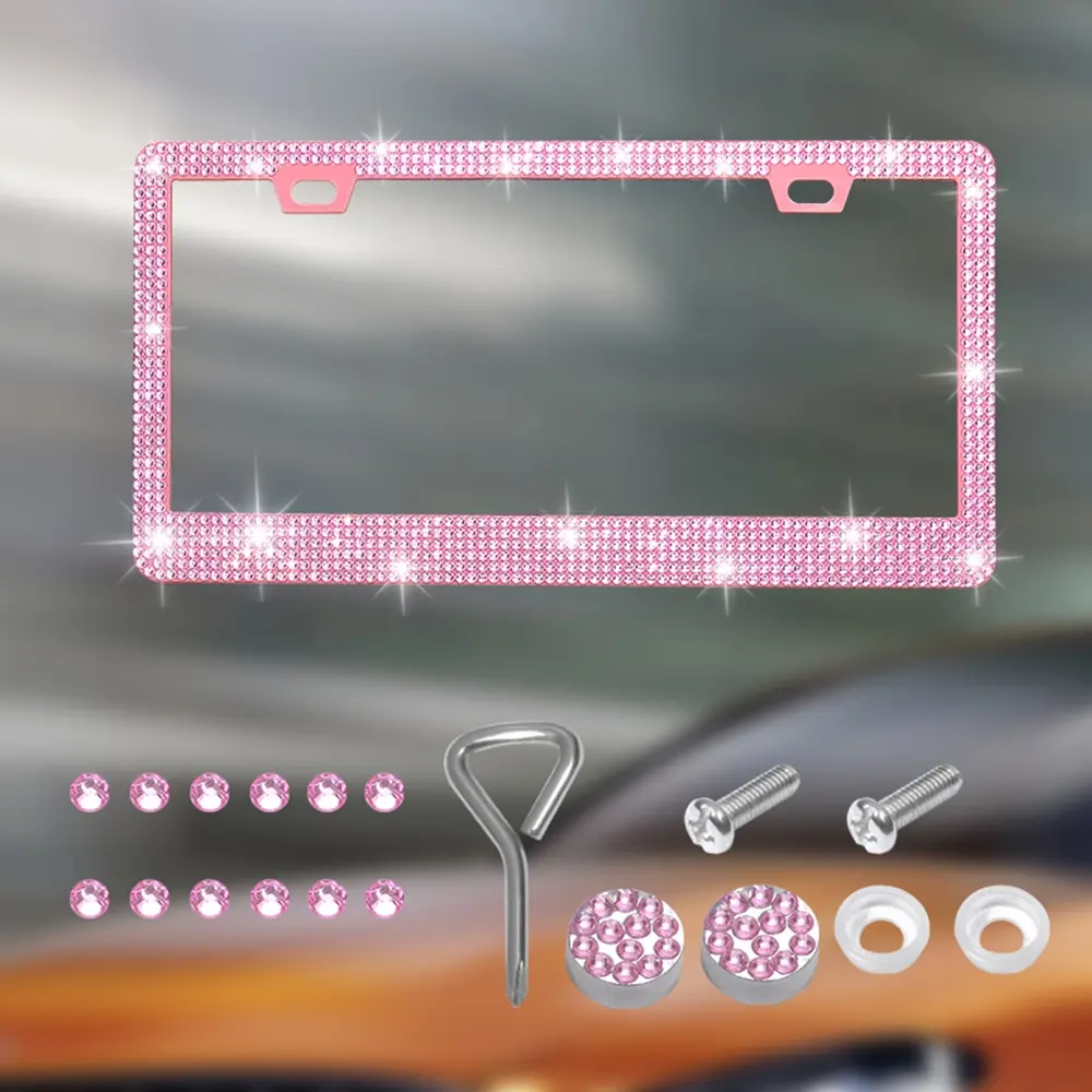 1PC Bling Plastic License Plate Frame Black Pink Plastic License Plate Frame Christmas Gift For Girls Automotive Car Accessories