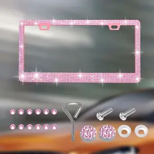 1PC Bling Plastic License Plate Frame Black Pink Plastic License Plate Frame Christmas Gift For Girls Automotive Car Accessories