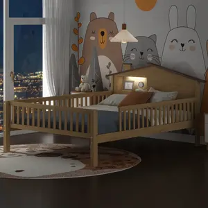 Twin/Full Size Bed Frame with Rails, Wood Twin/Full Platform with LED Light, House-Shaped Headboard and Guardrail, Twin/Full Bed Frame with Storage for Bedroom