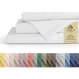 100% Cotton Percale Sheets Queen Size, White, Deep Pocket, 4 Pieces Set - 1 Flat, 1 Deep Pocket Fitted Sheet and 2 Pillowcases, Crisp Cool and Strong Bed Linen