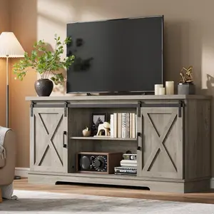 Gray Farmhouse TV Stand for 65 Inches TVs Entertainment Center with Storage and Sliding Barn Doors Adjustable Shelf Modern Media TV Console TV Stand Table for Living Room Bedroom Grey