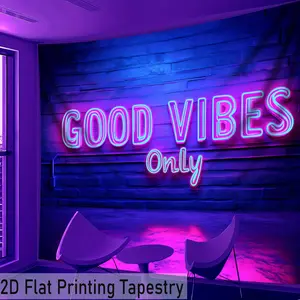 2D Flat, 1pc Cyberpunk Neon "Good Vibes Only" Tapestry - Large Glow-in-the-Dark 2D Flat Print, UV Light Activated, Peach Light Beige Fabric, Easy-to-Hang for Bedroom, Office, Living Room - Modern Home Decor, Bedroom Wall Decor, Office Decoration, Vibrant