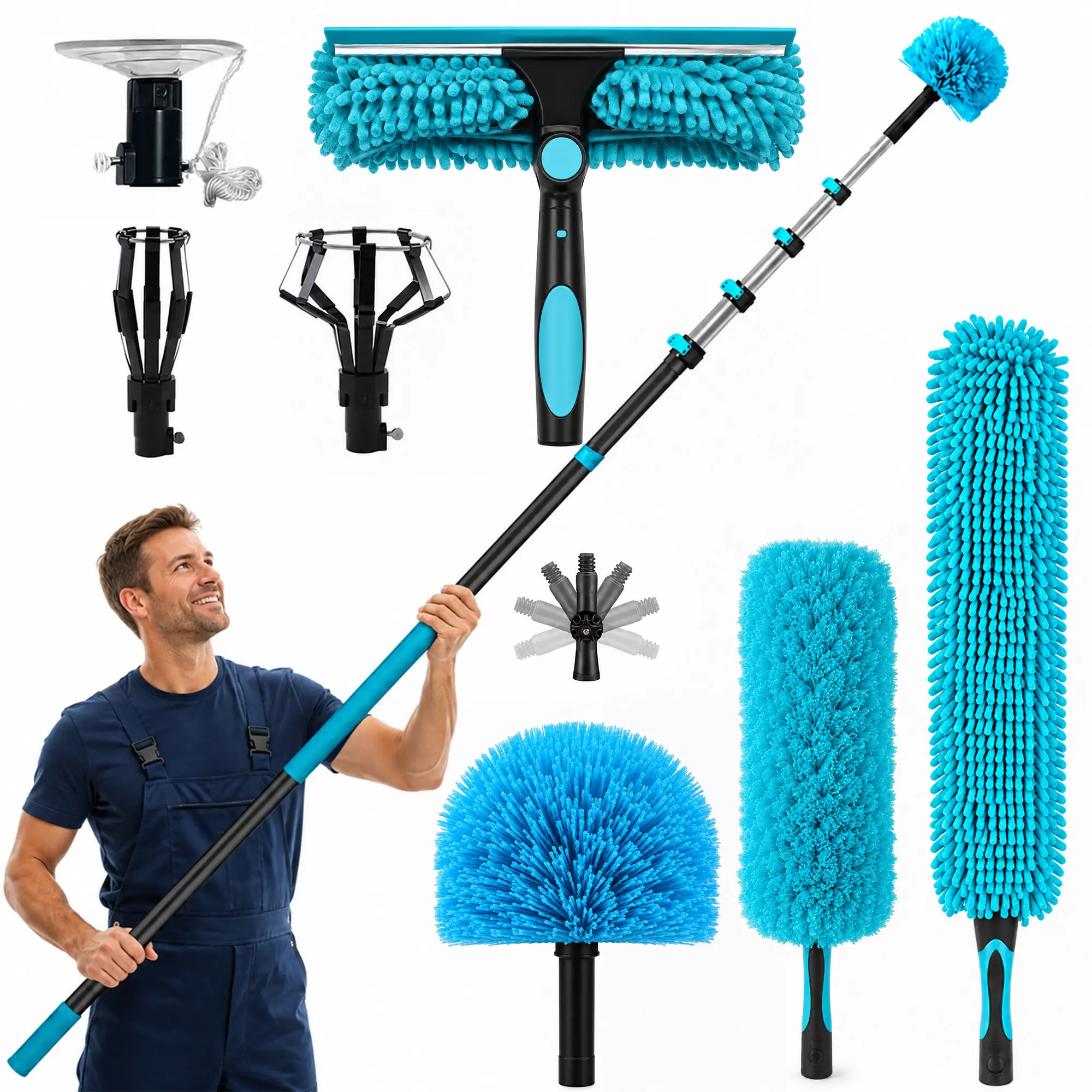 12ft Adjustable Multifunctional Duster Kit - Dust Removal Tool, Ceiling Duster Brush, Light Bulb Changer, Home Cleaning Supply for Hard-to-Reach Corners, Dustremoval Tool, Cleans Hard-To-Reach Corners