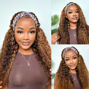 Highlight Headband Wig Human Hair Water Wave Glueless None Lace Front Curly Wigs Brazilian Virgin Hair Wear and Go Wigs Machine Made Deep Wave Headband Half Wigs
