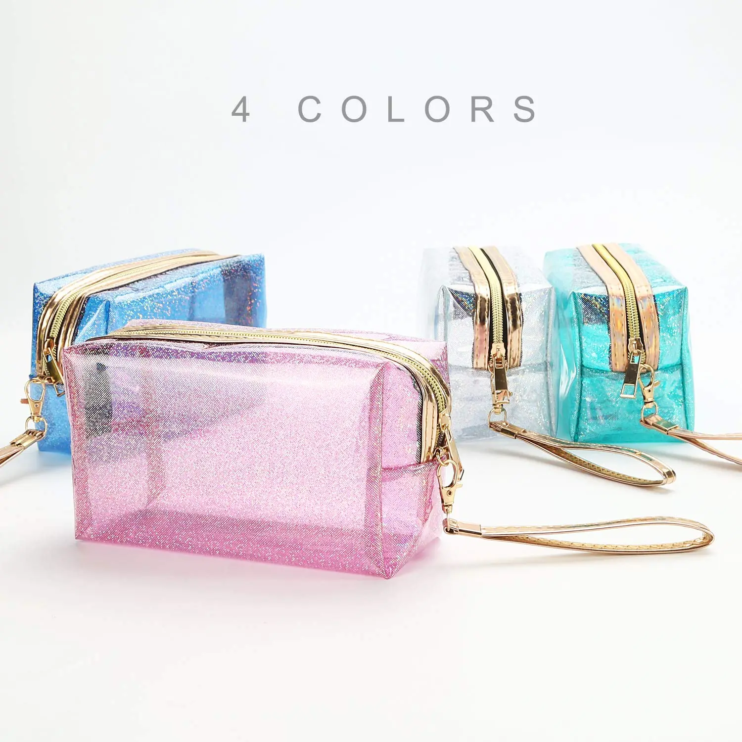 Set of 4 Waterproof Cosmetic Bags, PVC Glitter Iridescent Makeup Bags with Handle Zipper, Portable Holographic Gift Bags in Bulk, Small Toiletry Pouch Purse for Medicine, Travel, Women
