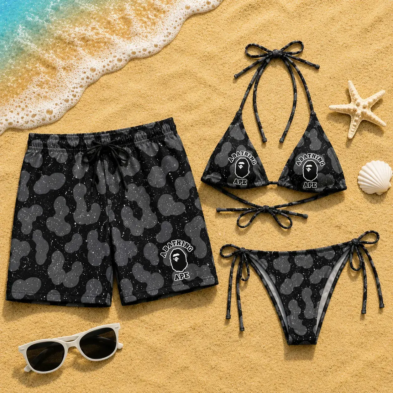 Black Camo Matching Couple Swimwear Set 2026, Women's Tie-Side Bikini & Men's Board Shorts, His & Hers Summer Beach Vacation Swimsuits, Resort & Pool Party Outfit