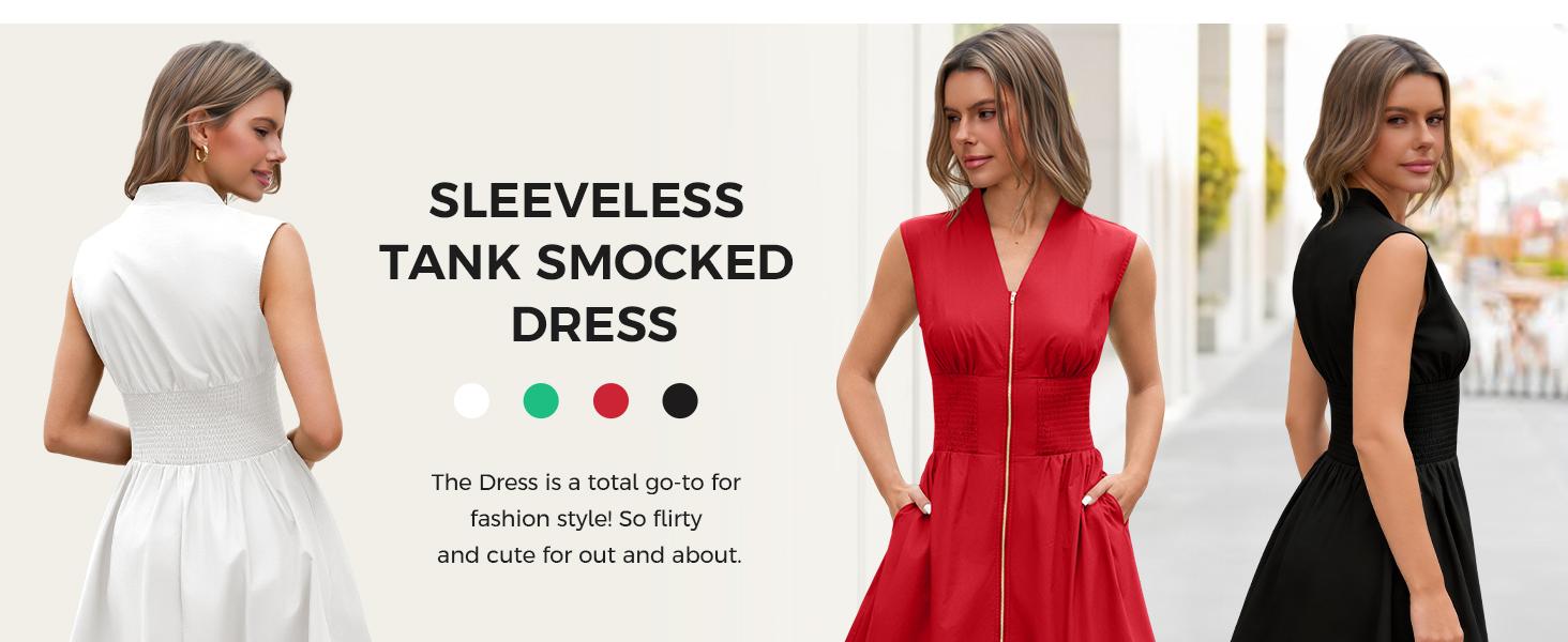 Fisoew Women's Sleeveless Tank Mini Dress Casual Zip Front V Neck Loose Summer Smocked Dresses with Pockets