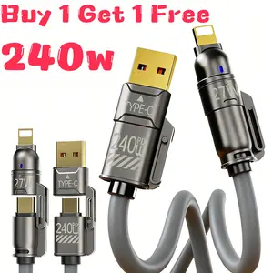 [Buy 1 Get 1 Free] 4-in-1 Multifunctional 240W Fast Charging Cable, 3.93ft, with USB-A, Type-C, and Lightning Connectors. Compatible with iPhone 17, Samsung Phones, Laptop Chargers – A Must-Have for Travel.