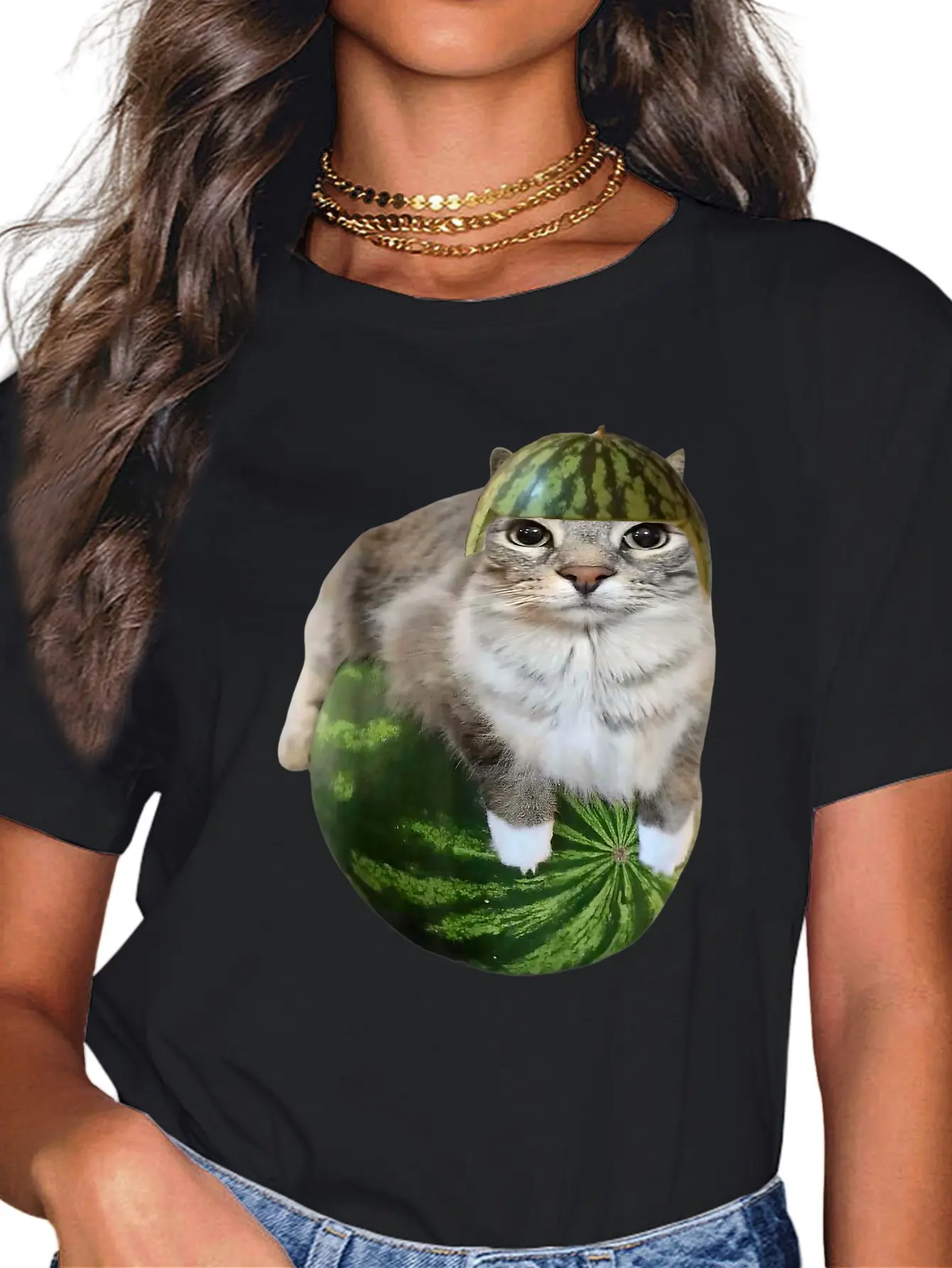 100% Cotton Watermelon Cat Silly Cat Funny Meme T-Shirt