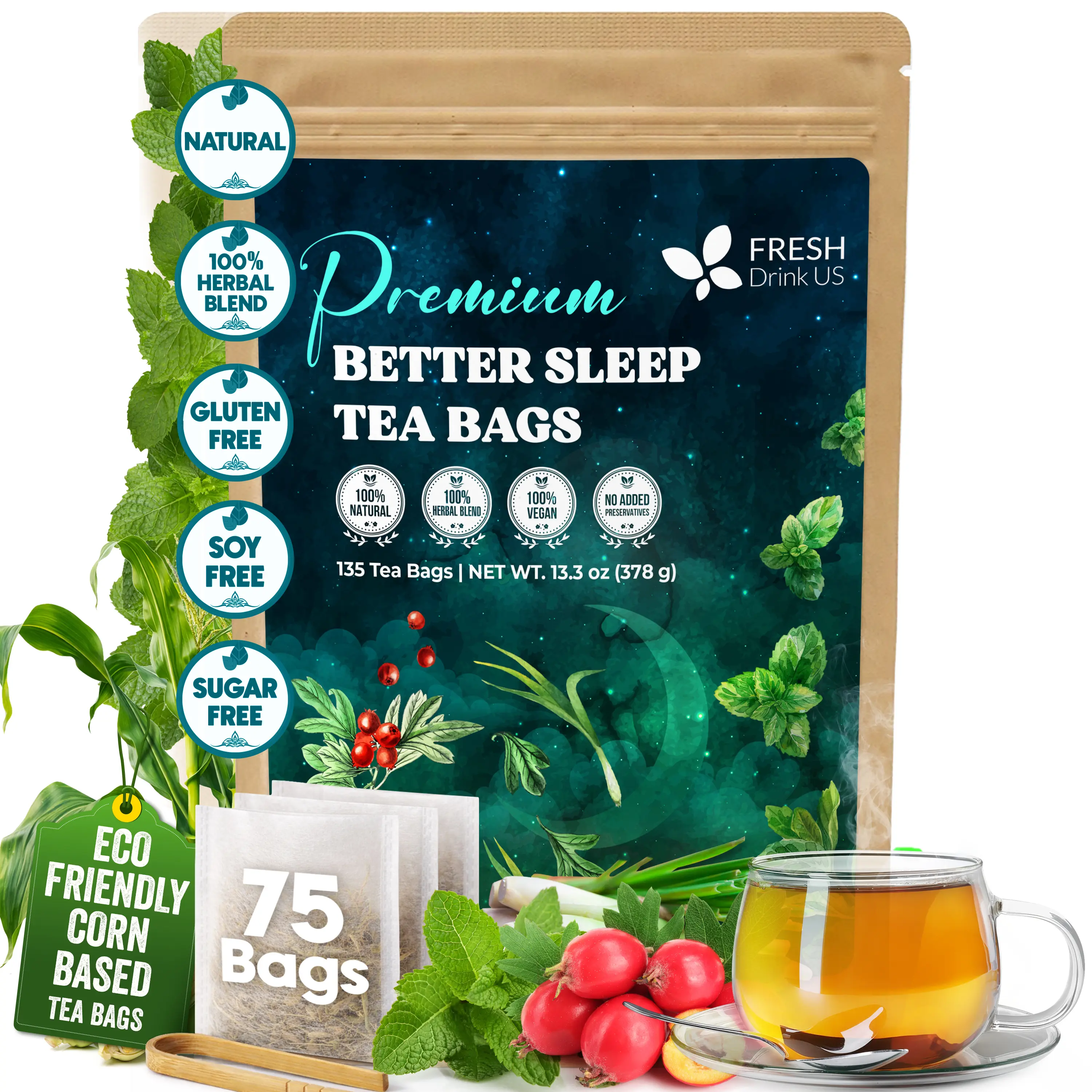 【FreshDrinkUS】 Premium 75 Tea Bags Better Sleep Herbal Tea | Caffeine-Free Loose Leaf Blend with Spearmint Leaves, Lemongrass Leaves, and Hawthorn Berry – Naturally Refreshing and Aromatic.