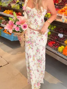 Sweet Summer Holiday Style Cute Feminine Ditsy Floral Set, Sleeveless Slim-Fitting Camisole Top + Mermaid Long Skirt, Women's Two-Piece Sets, Womenswear