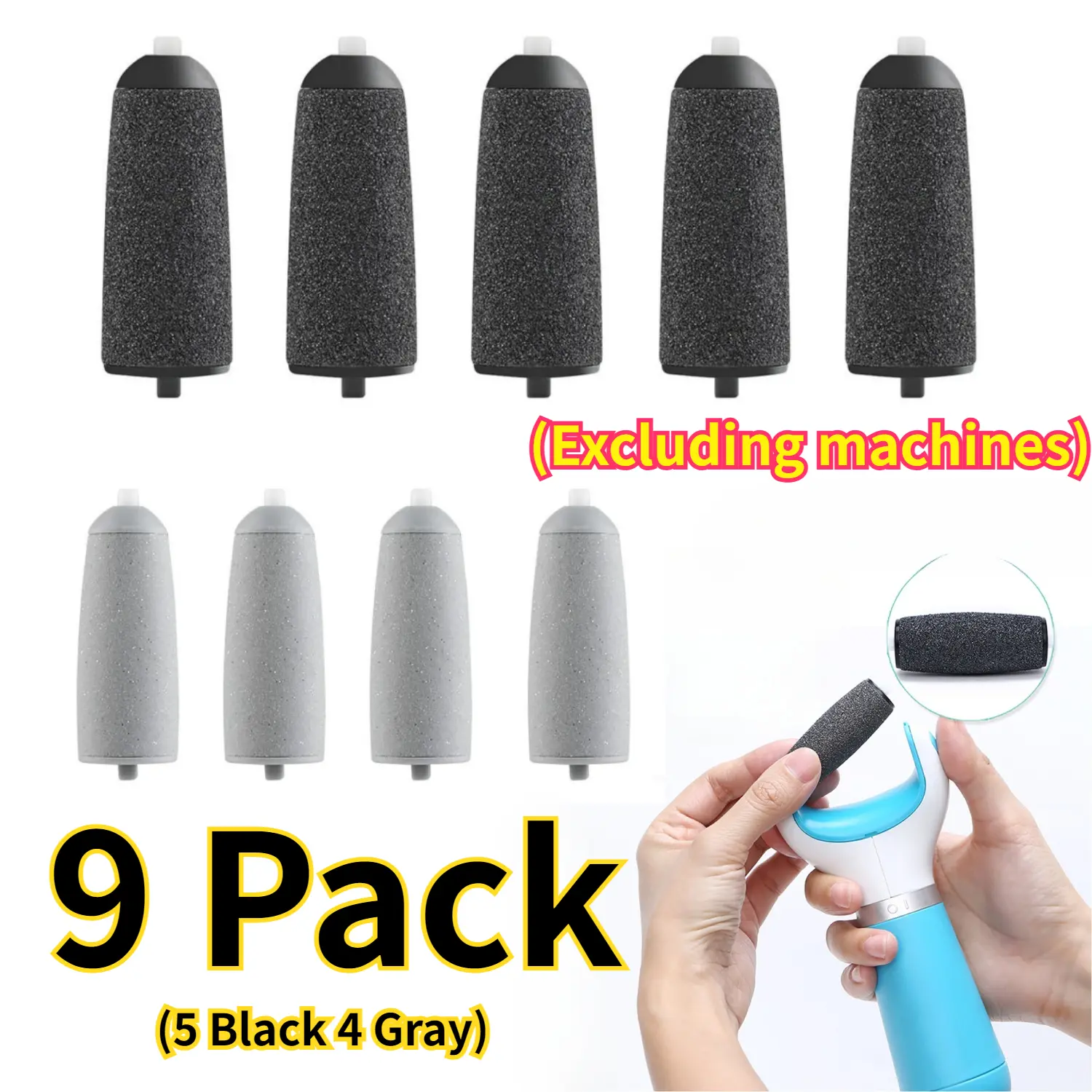 9-Pack Crystal Pedicure Quartz Sand Roller Heads for Foot Grinders - Easy-Attach, Durable, Waterproof, Exfoliates Dead Skin/Calluses, Smooths Cuticles (Machine Excluded) - Home Manicure Tool
