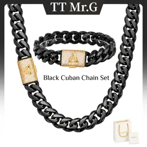 Black Stainless Steel Cuban Link Chain & Bracelet Set, 14mm Heavy Miami Cuban with Gold A–Z Initial Clasp, Fade-Resistant Hip Hop Streetwear Jewelry, Personalized Matching Set for Daily Wear, Trendy Gothic Punk Gift for Him & Her summerwins